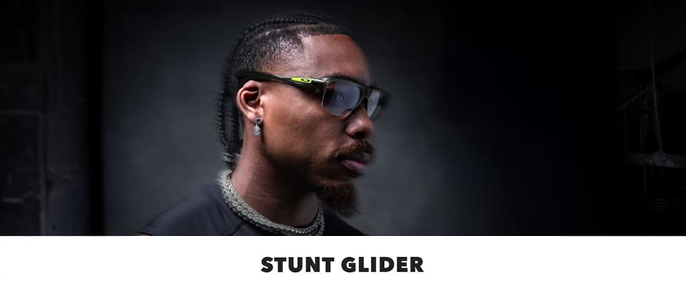 Athlete wearing Oakley Stunt Glider performance eyewear with a lightweight sport frame